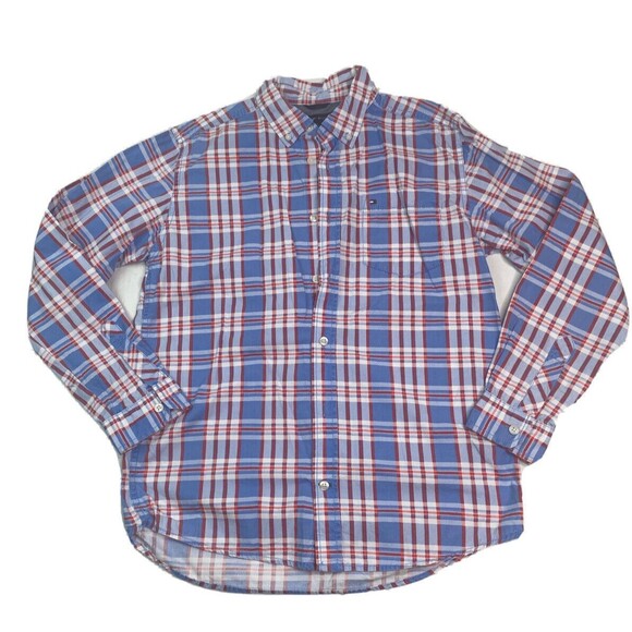 Tommy Hilfiger Red Blue Plaid Long Sleeve Button Up Shirt Youth Large 16/18 - Picture 1 of 8